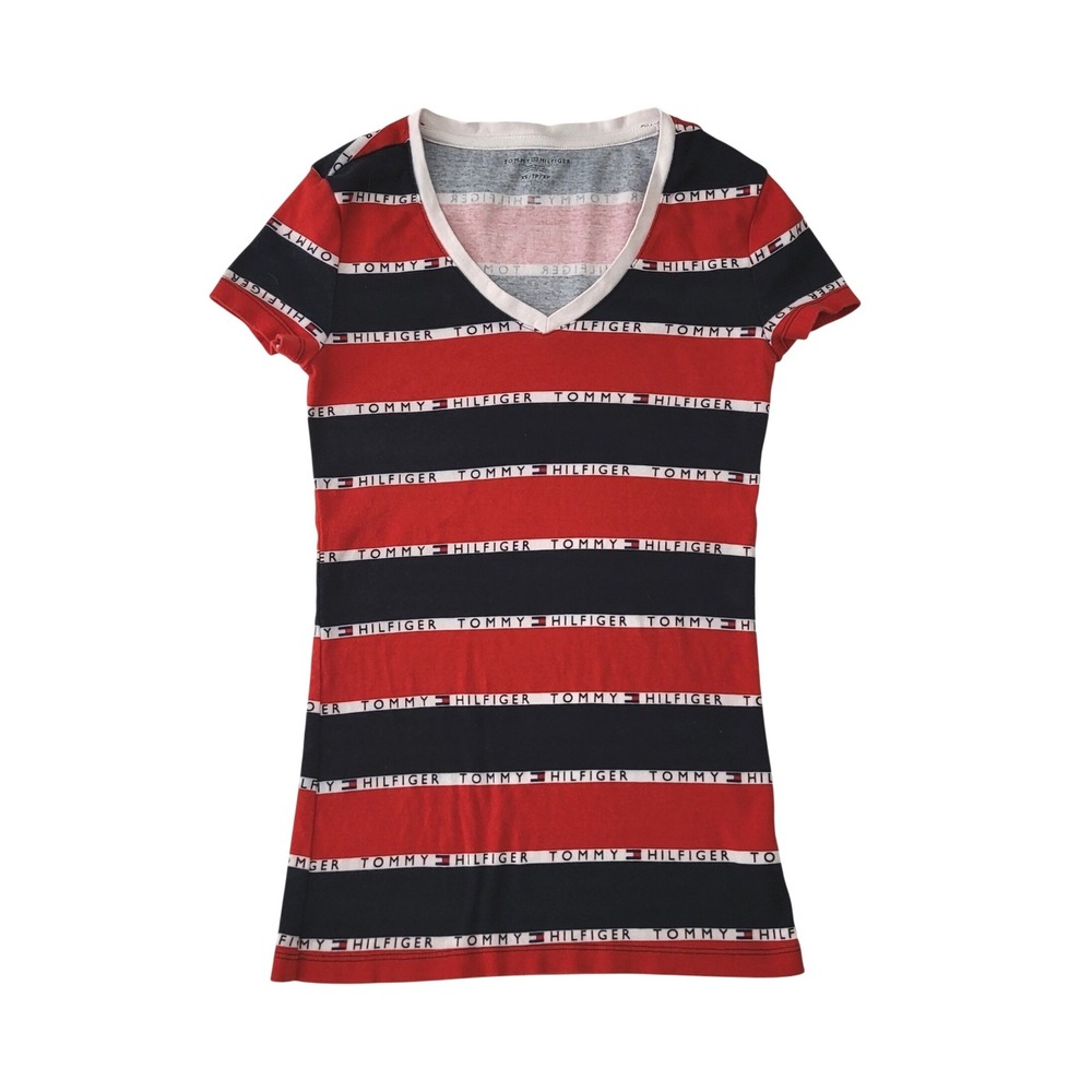 Tommy Hilfiger Women's XS V-neck Tee Spell‎ Out Logo Red White Blue Cotton